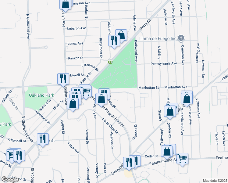map of restaurants, bars, coffee shops, grocery stores, and more near 670 Desota Place in Pontiac