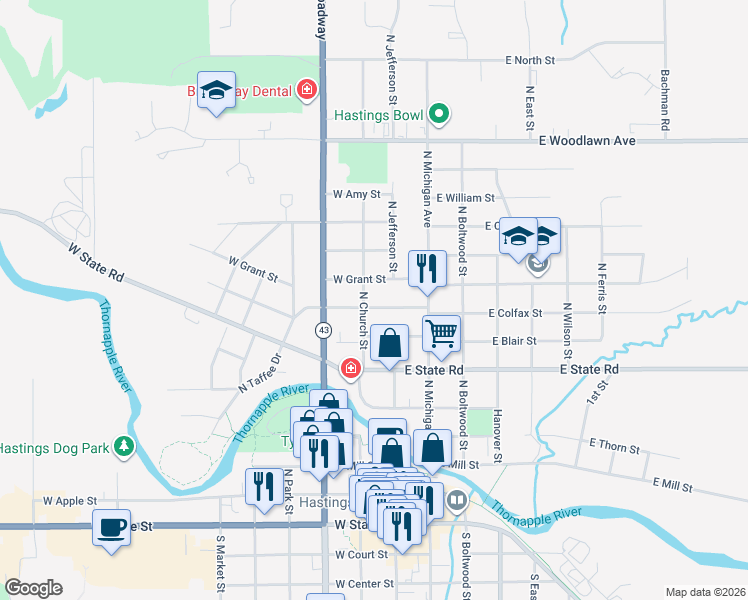 map of restaurants, bars, coffee shops, grocery stores, and more near 127 West Colfax Street in Hastings