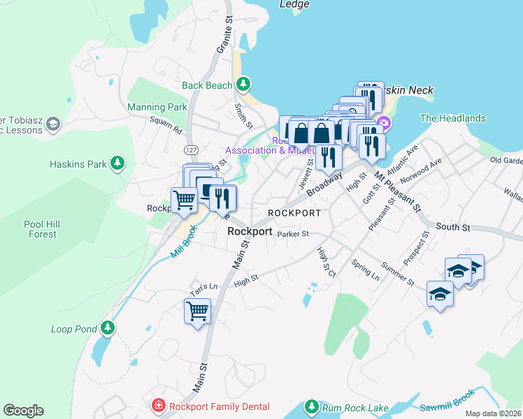 map of restaurants, bars, coffee shops, grocery stores, and more near in Rockport