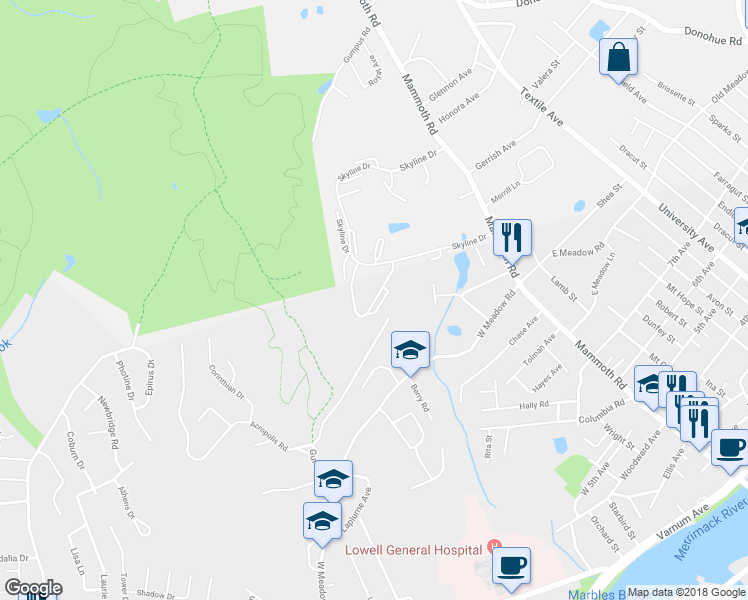 map of restaurants, bars, coffee shops, grocery stores, and more near 2100 Skyline Drive in Lowell