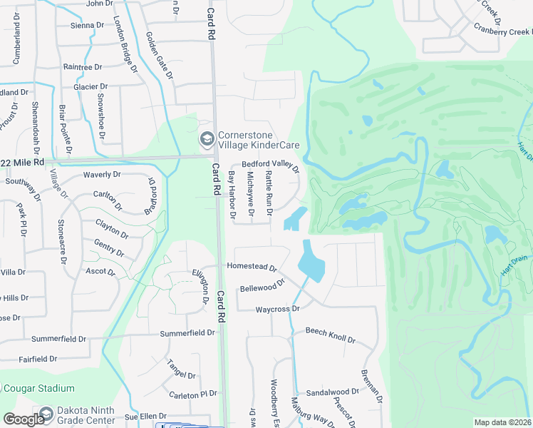 map of restaurants, bars, coffee shops, grocery stores, and more near 48575 Rattle Run Drive in Macomb