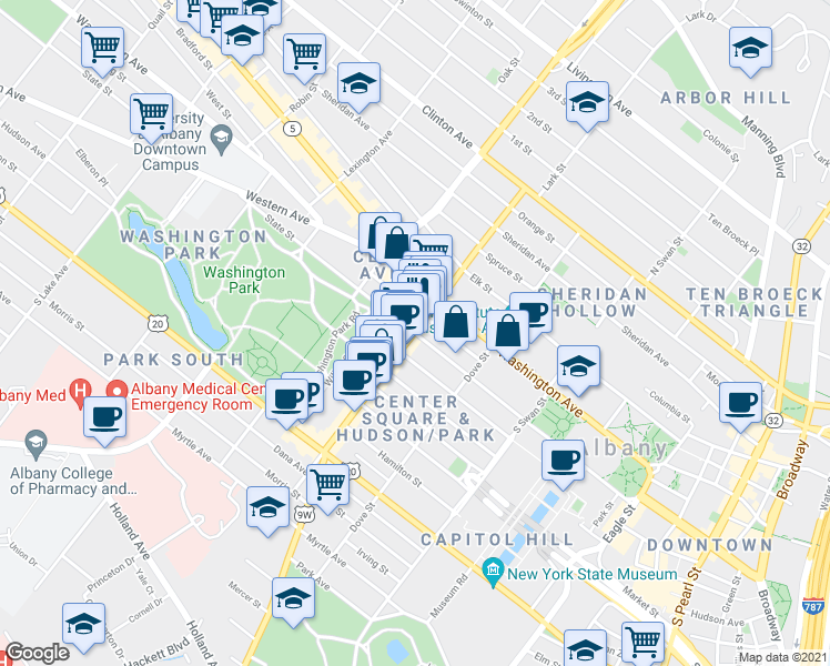 map of restaurants, bars, coffee shops, grocery stores, and more near Lark Street in Albany