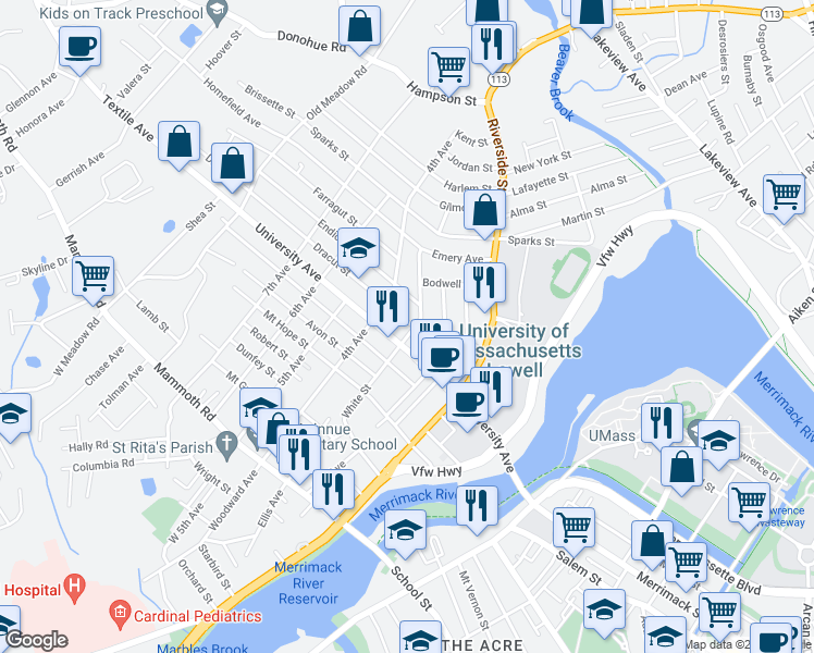map of restaurants, bars, coffee shops, grocery stores, and more near 4 Dracut Street in Lowell
