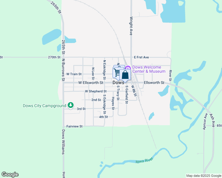 map of restaurants, bars, coffee shops, grocery stores, and more near 201-205 South Eskridge Street in Dows