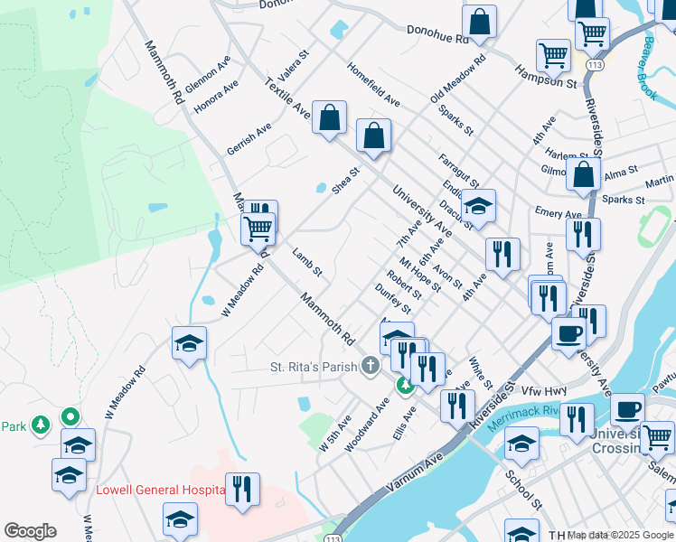 map of restaurants, bars, coffee shops, grocery stores, and more near 22 Beatrice Avenue in Lowell