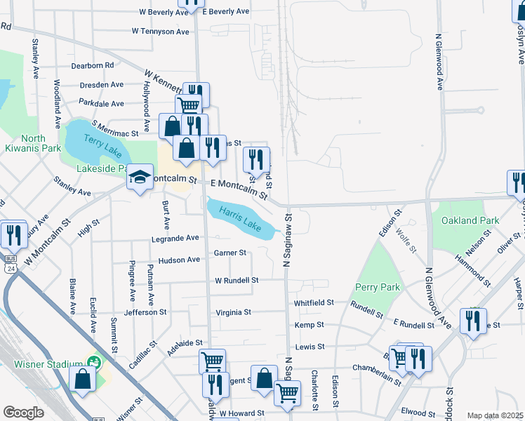 map of restaurants, bars, coffee shops, grocery stores, and more near 82 East Montcalm Street in Pontiac