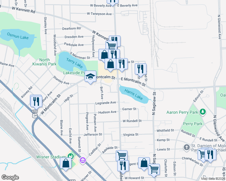 map of restaurants, bars, coffee shops, grocery stores, and more near 24 City Line Road in Pontiac