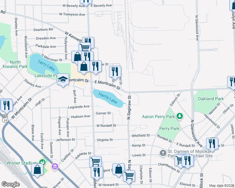 map of restaurants, bars, coffee shops, grocery stores, and more near 82 East Montcalm Street in Pontiac