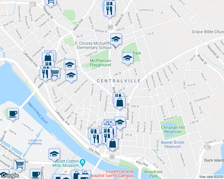 map of restaurants, bars, coffee shops, grocery stores, and more near 793 Bridge Street in Lowell