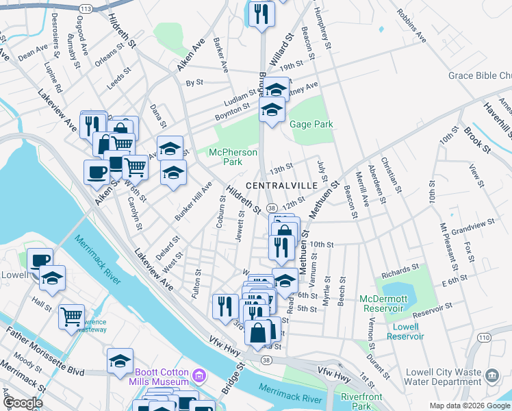 map of restaurants, bars, coffee shops, grocery stores, and more near 50 Hampshire Street in Lowell