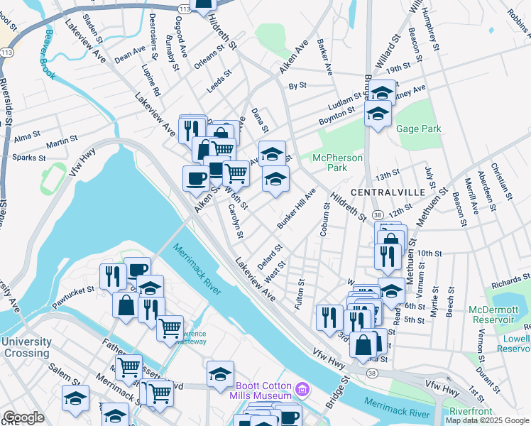 map of restaurants, bars, coffee shops, grocery stores, and more near 236 West 6th Street in Lowell