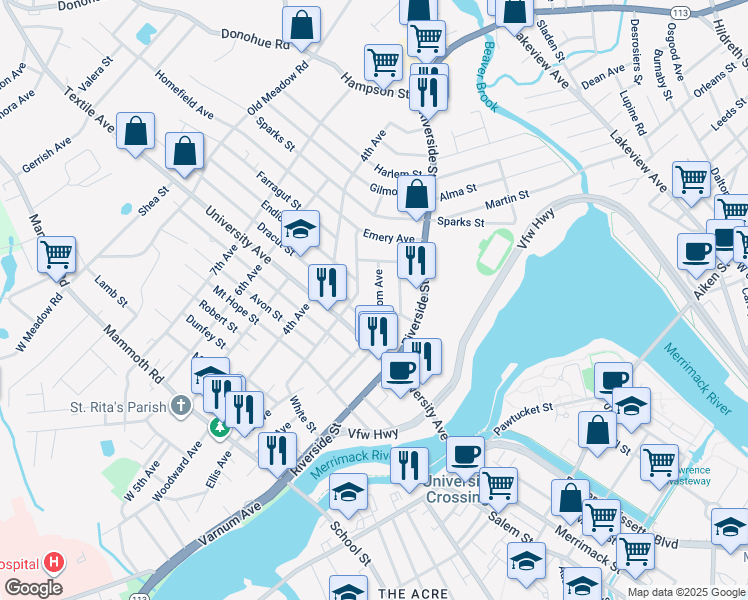 map of restaurants, bars, coffee shops, grocery stores, and more near 57 Woodcock Street in Lowell