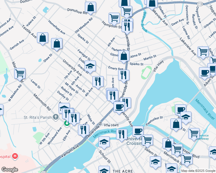map of restaurants, bars, coffee shops, grocery stores, and more near 57 Woodcock Street in Lowell