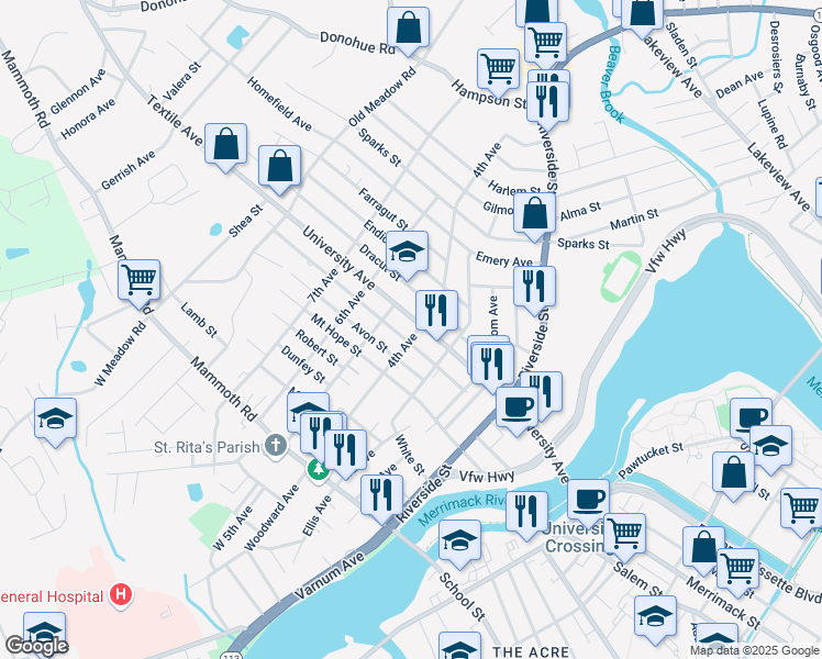 map of restaurants, bars, coffee shops, grocery stores, and more near 162 4th Avenue in Lowell