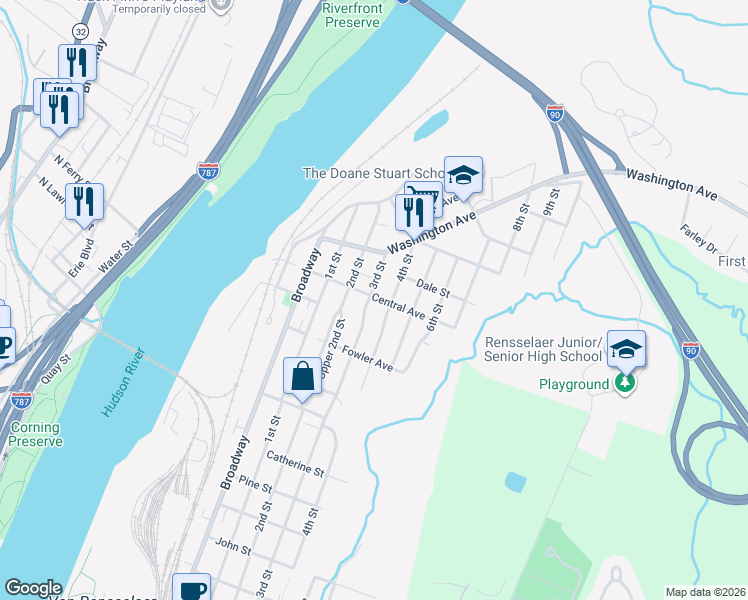 map of restaurants, bars, coffee shops, grocery stores, and more near 1579 4th Street in Rensselaer
