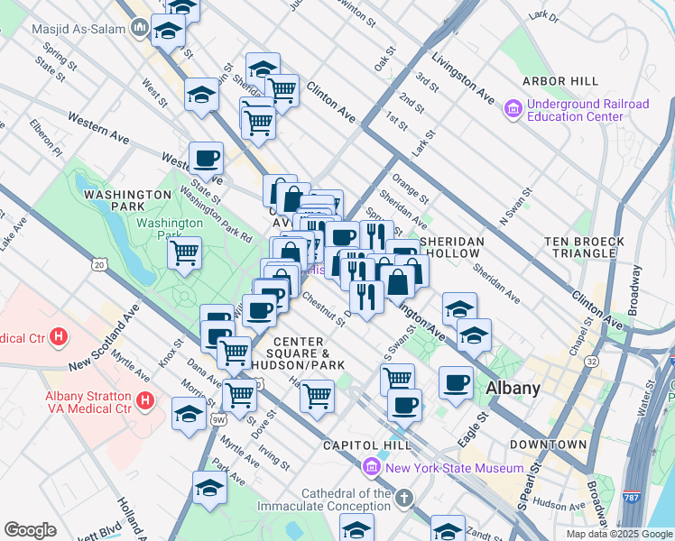 map of restaurants, bars, coffee shops, grocery stores, and more near 18 Spring Street in Albany