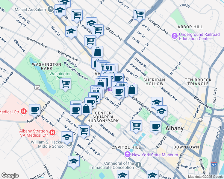 map of restaurants, bars, coffee shops, grocery stores, and more near 342 State Street in Albany