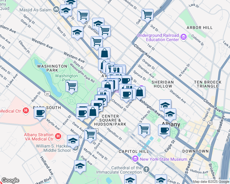 map of restaurants, bars, coffee shops, grocery stores, and more near 342 State Street in Albany