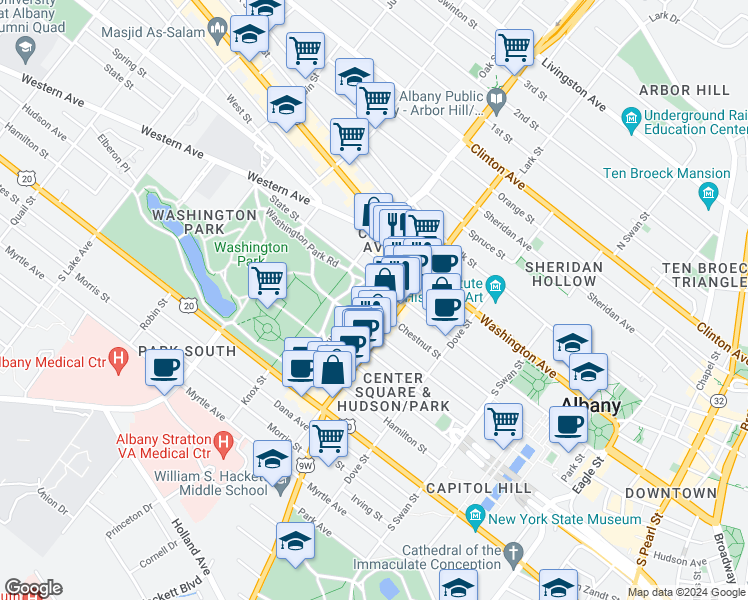 map of restaurants, bars, coffee shops, grocery stores, and more near 235 Lark Street in Albany