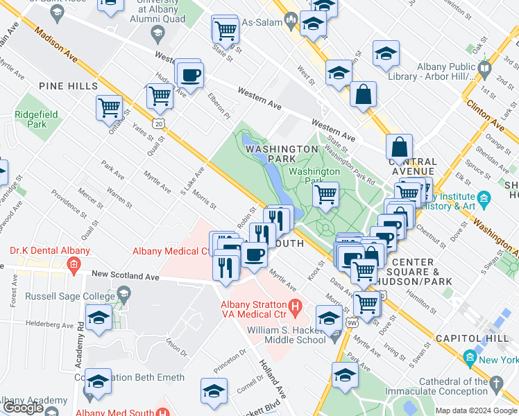 map of restaurants, bars, coffee shops, grocery stores, and more near 161 Dana Avenue in Albany