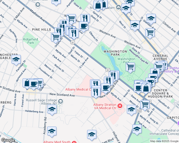 map of restaurants, bars, coffee shops, grocery stores, and more near 473 Myrtle Avenue in Albany