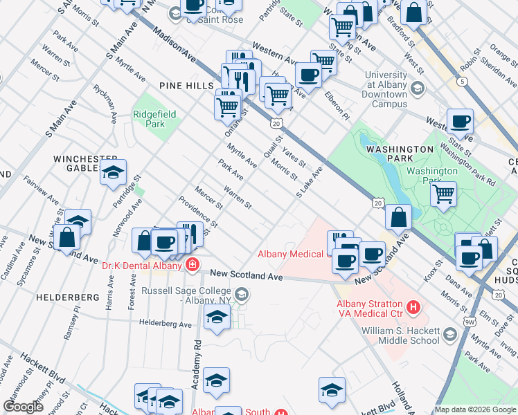 map of restaurants, bars, coffee shops, grocery stores, and more near 528 Warren Street in Albany