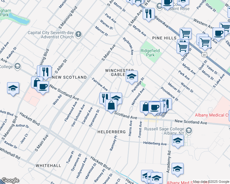 map of restaurants, bars, coffee shops, grocery stores, and more near 26 Parkwood Street in Albany