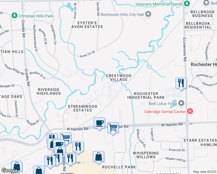 map of restaurants, bars, coffee shops, grocery stores, and more near 1503 Streamwood Court in Rochester Hills