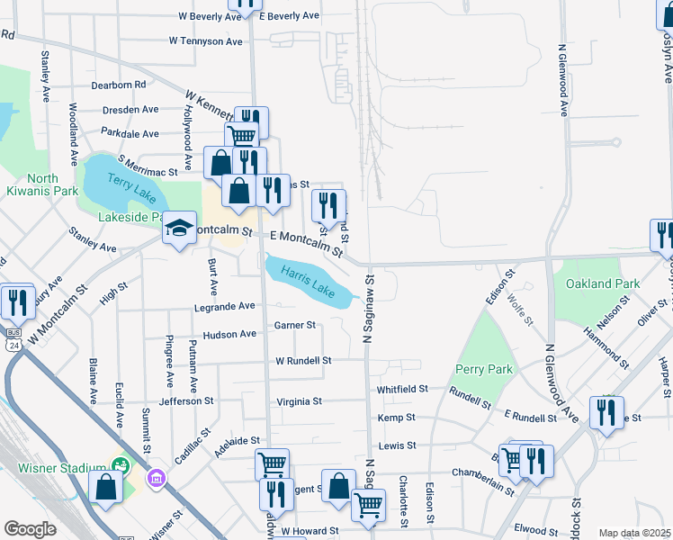 map of restaurants, bars, coffee shops, grocery stores, and more near 82 East Montcalm Street in Pontiac