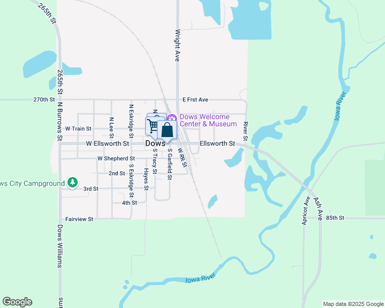 map of restaurants, bars, coffee shops, grocery stores, and more near 200 Railroad Avenue in Dows