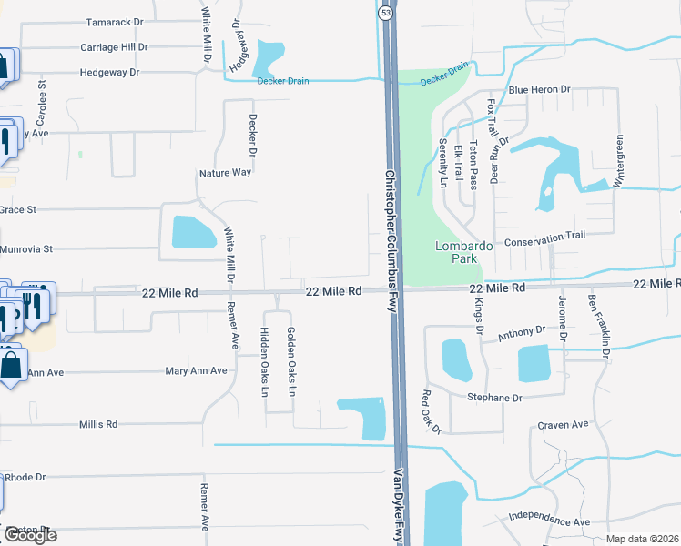 map of restaurants, bars, coffee shops, grocery stores, and more near 11405 North Woods Drive in Shelby Charter Township