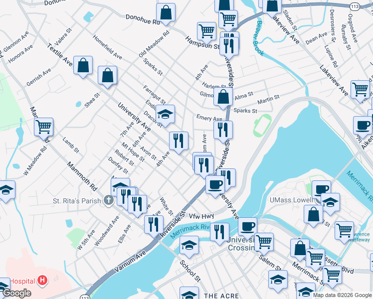 map of restaurants, bars, coffee shops, grocery stores, and more near 178 University Avenue in Lowell