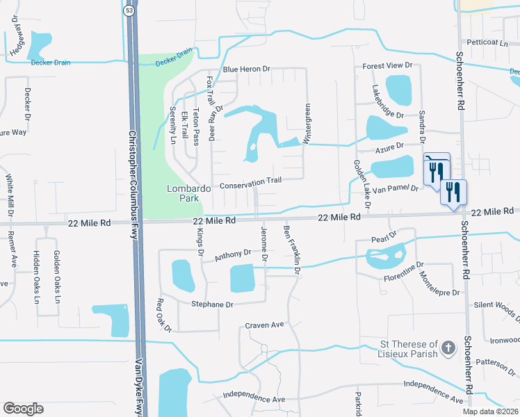 map of restaurants, bars, coffee shops, grocery stores, and more near 12314 Cedar Knoll Court in Macomb County