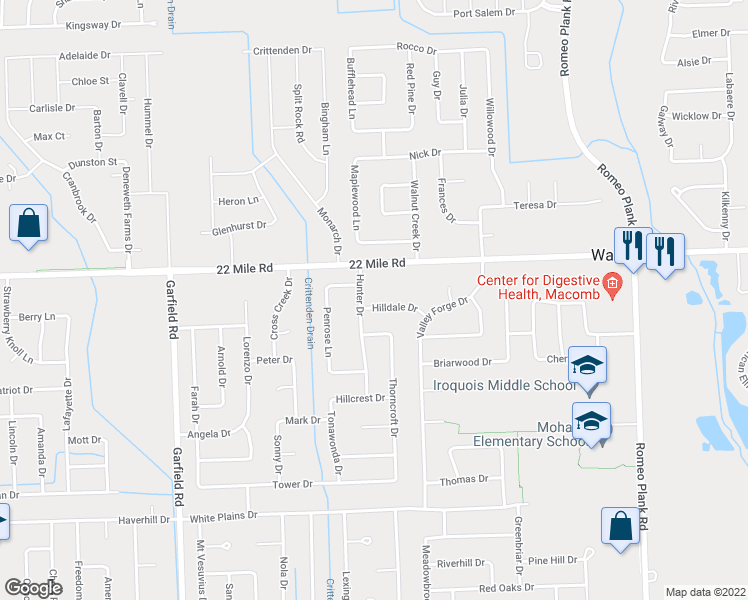 map of restaurants, bars, coffee shops, grocery stores, and more near 17459 Hilldale Drive in Macomb