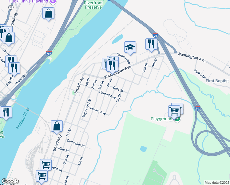 map of restaurants, bars, coffee shops, grocery stores, and more near 1620 5th Street in Rensselaer