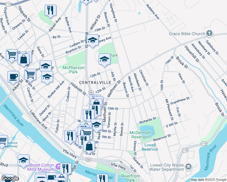 map of restaurants, bars, coffee shops, grocery stores, and more near 139 Methuen Street in Lowell