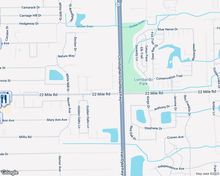 map of restaurants, bars, coffee shops, grocery stores, and more near 11459 North Woods Drive in Shelby Township