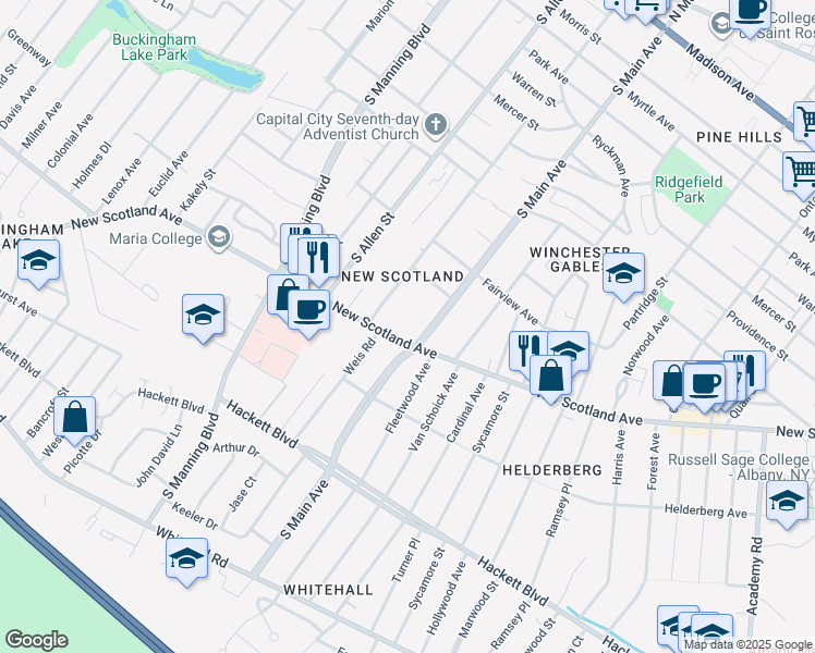 map of restaurants, bars, coffee shops, grocery stores, and more near 253 South Main Avenue in Albany
