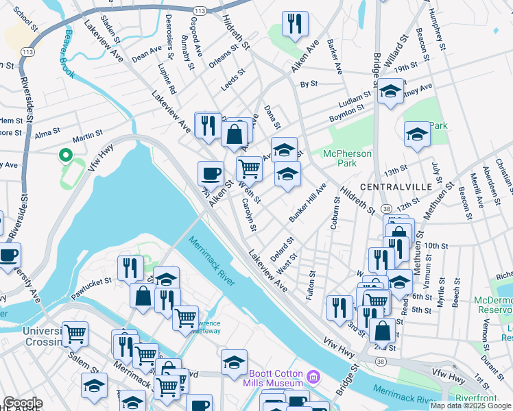 map of restaurants, bars, coffee shops, grocery stores, and more near 262 West 6th Street in Lowell