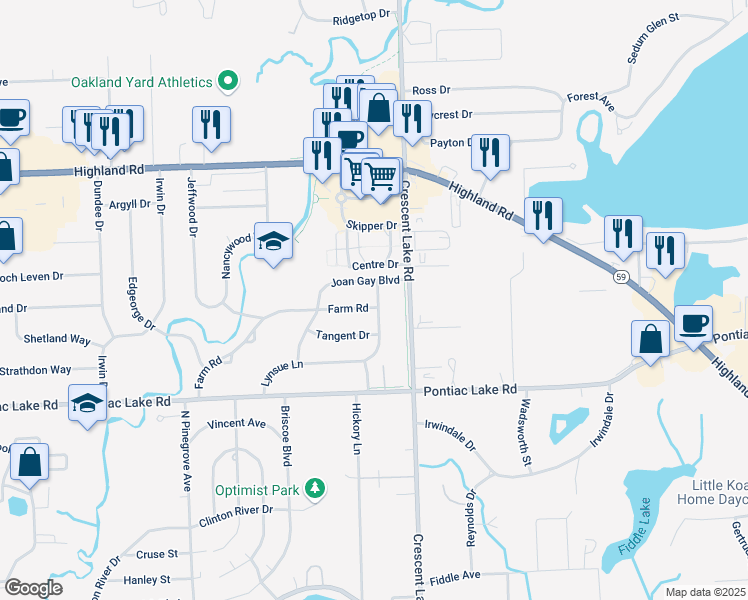 map of restaurants, bars, coffee shops, grocery stores, and more near 5101 Farm Road in Waterford Township