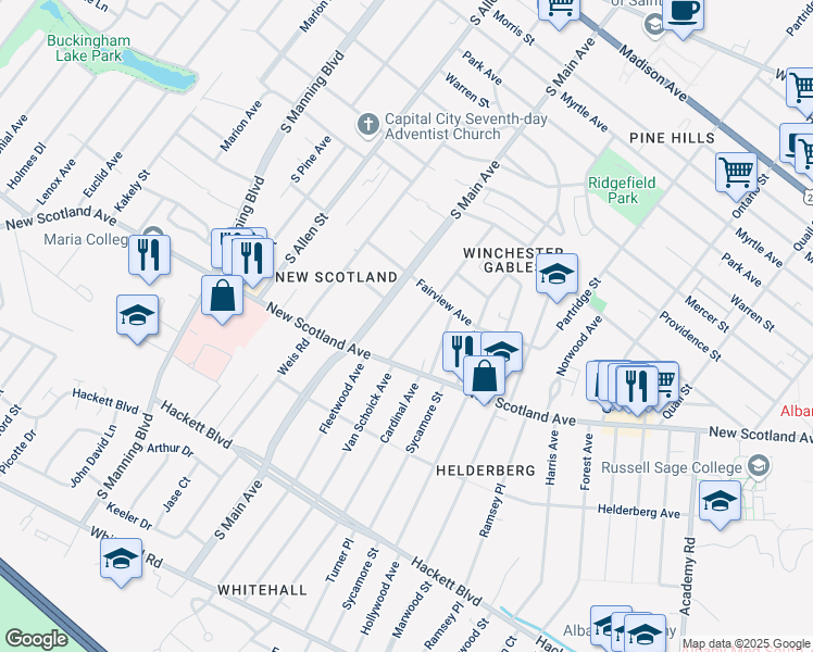 map of restaurants, bars, coffee shops, grocery stores, and more near 15 Oakwood Street in Albany