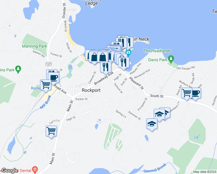 map of restaurants, bars, coffee shops, grocery stores, and more near 32 High Street in Rockport