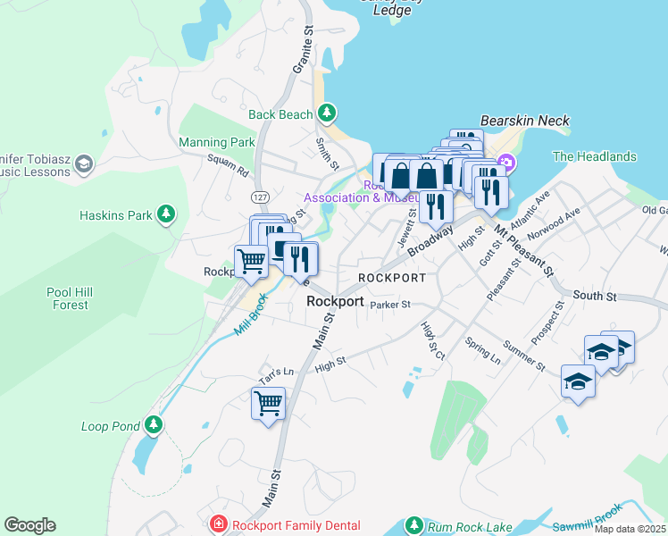 map of restaurants, bars, coffee shops, grocery stores, and more near in Rockport