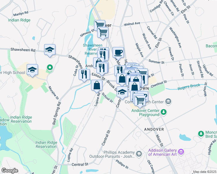 map of restaurants, bars, coffee shops, grocery stores, and more near 10 Brook Street in Andover