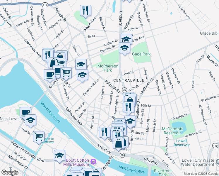 map of restaurants, bars, coffee shops, grocery stores, and more near in Lowell