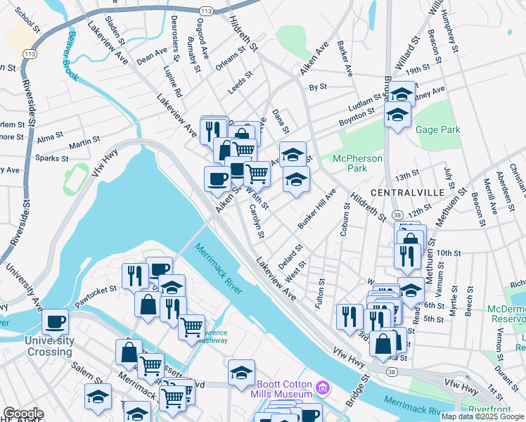 map of restaurants, bars, coffee shops, grocery stores, and more near 60 Carolyn Street in Lowell