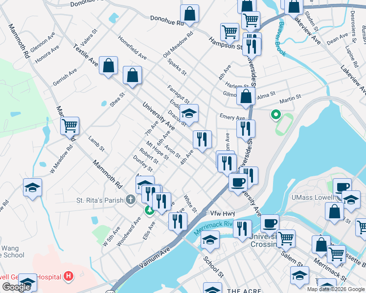 map of restaurants, bars, coffee shops, grocery stores, and more near 162 4th Avenue in Lowell