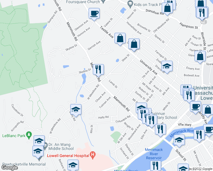 map of restaurants, bars, coffee shops, grocery stores, and more near 314 Mammoth Road in Lowell