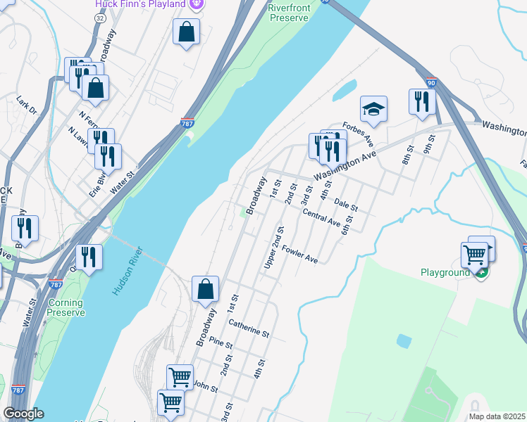map of restaurants, bars, coffee shops, grocery stores, and more near 1531 1st Street in Rensselaer