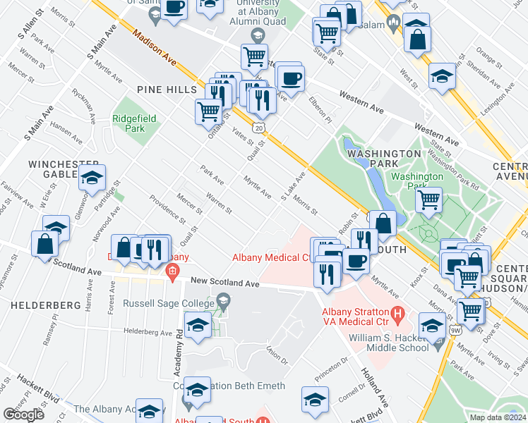 map of restaurants, bars, coffee shops, grocery stores, and more near 131 South Lake Avenue in Albany